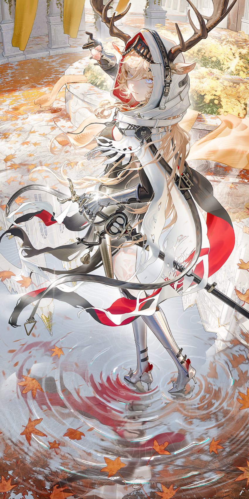 1girl, animal_ears, antlers, arknights, black_dress, black_gloves, blonde_hair, blue_eyes