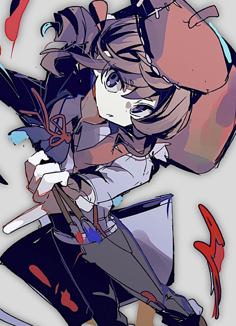1boy, :o, androgynous, beret, bishounen, black_pants, blue_eyes, brown_hair, capelet, drill_hair, drill_ponytail, dynamic_pose, edgar_valden, floating_clothes, floating_hair, grey_background, grey_shirt, hat, highres, holding, holding_paintbrush, identity_v, looking_at_viewer, male_focus, mdr_31, neck_ribbon, paintbrush, pants, red_capelet, red_hat, ribbon, shirt, solo, trap