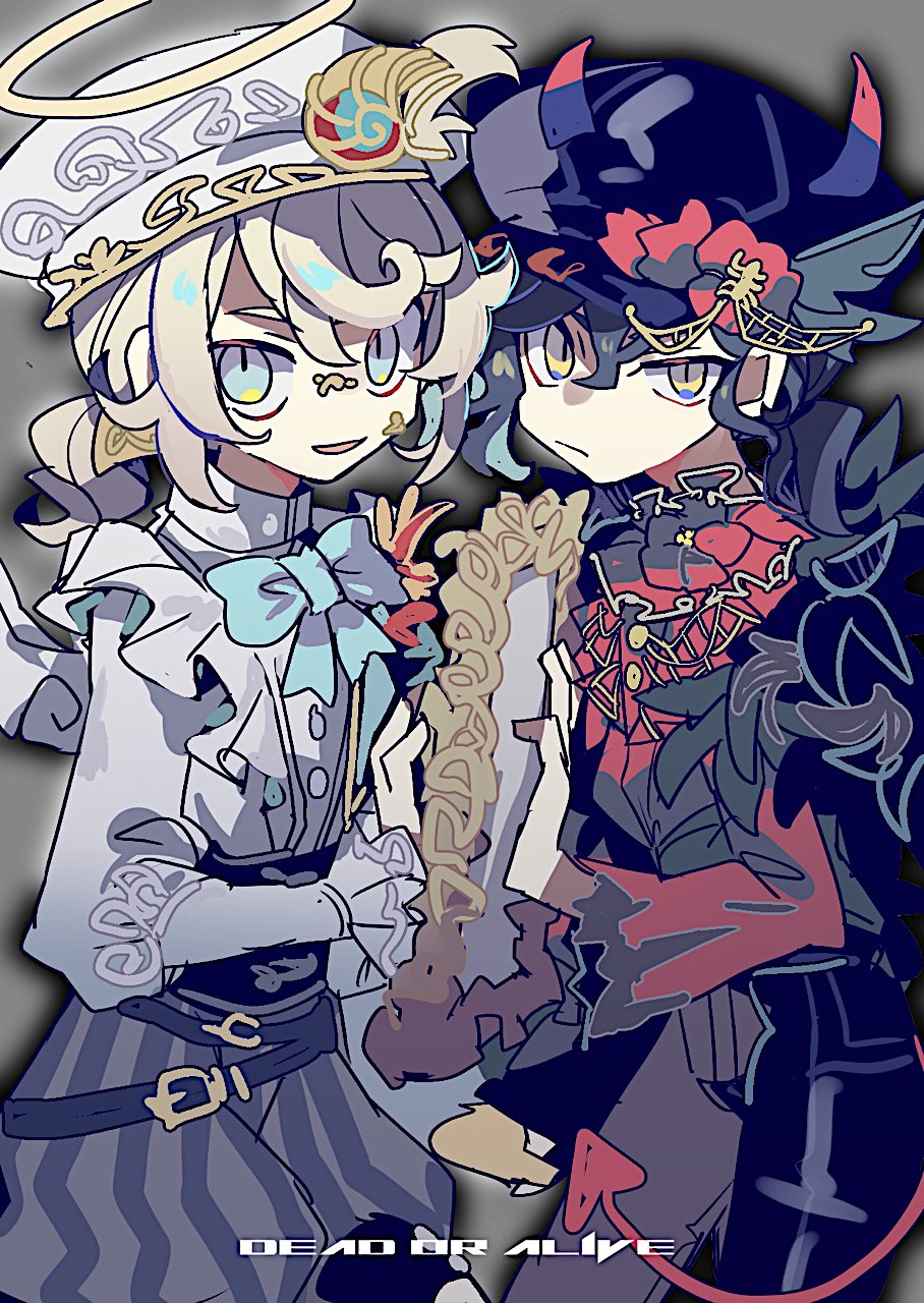 2boys, androgynous, angel_and_devil, beret, black_hair, black_pants, black_vs_white, blonde_hair