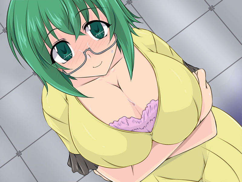 breasts, cleavage, glasses, green_eyes, green_hair, huge_breasts, infinite_stratos, smile