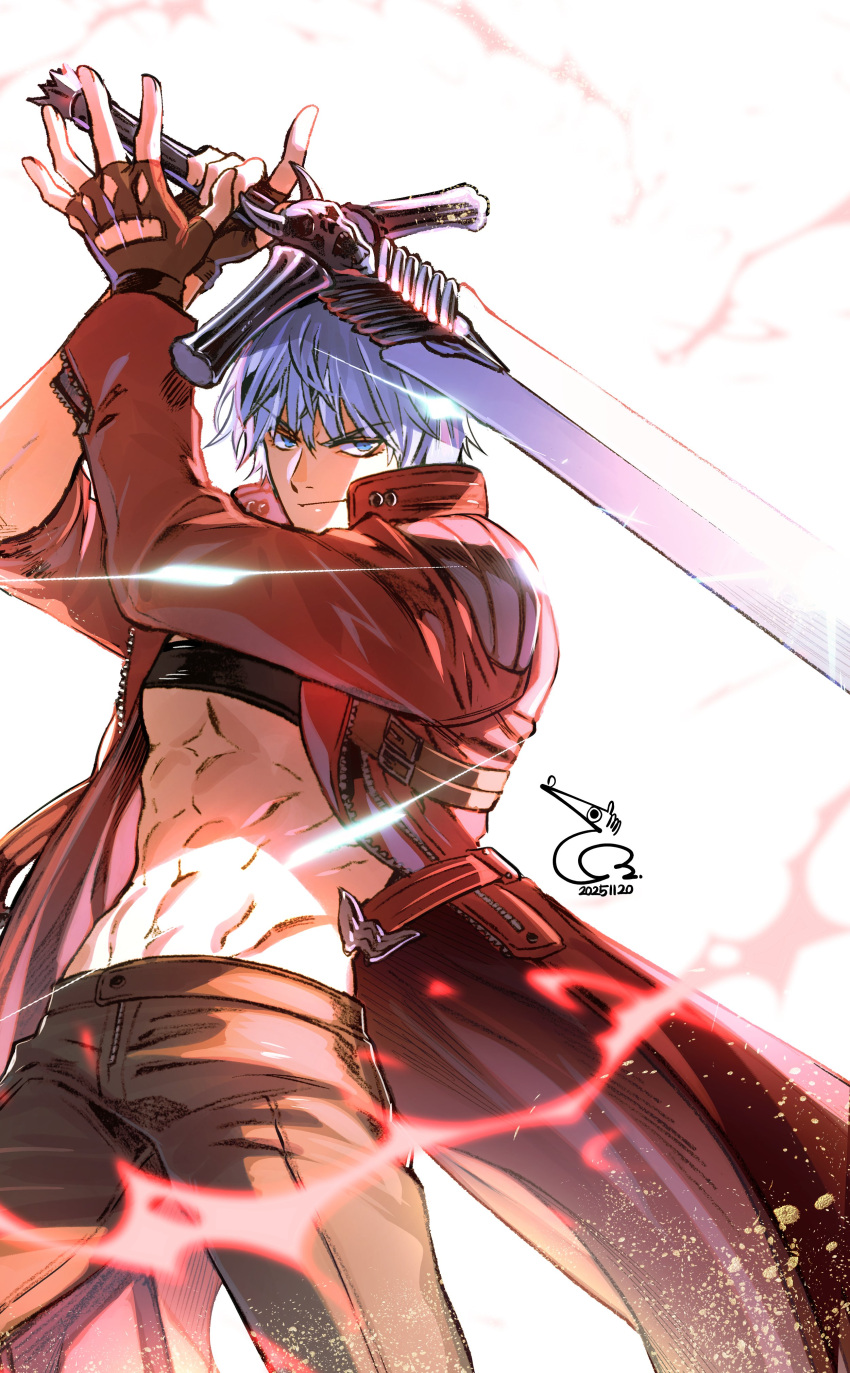 1boy, absurdres, baehee5502, blue_eyes, coat, dante_(devil_may_cry), devil_may_cry_(series), devil_may_cry_3