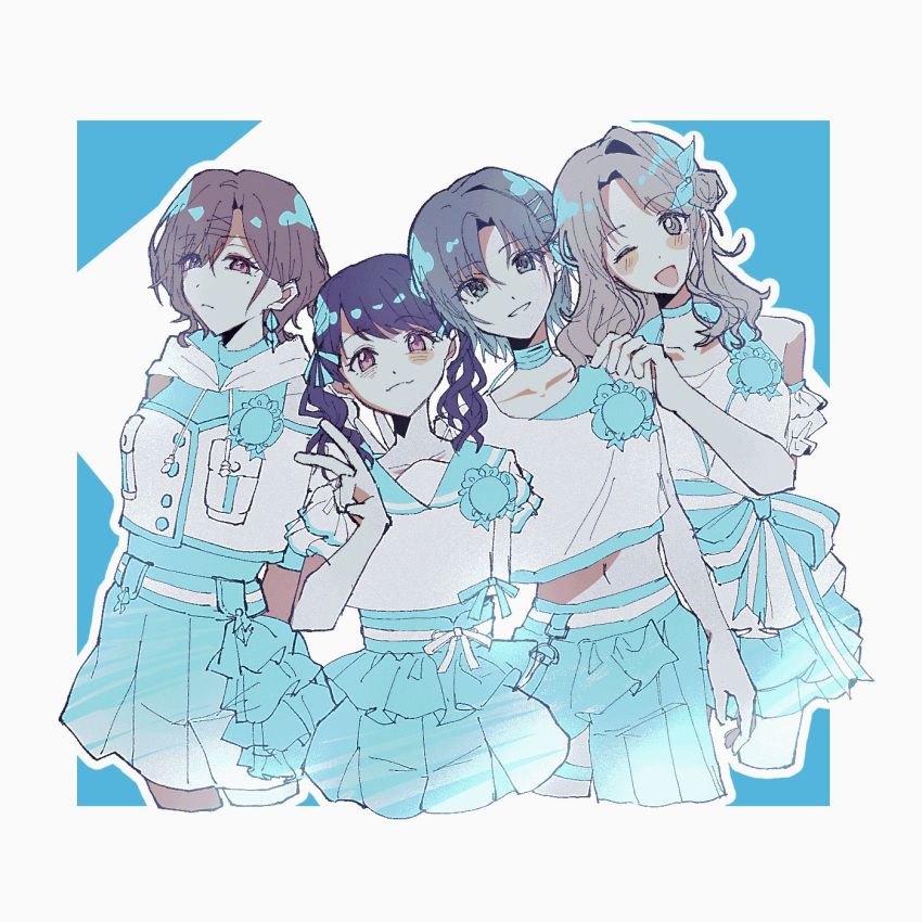4girls, ahoge, all_ne66, aqua_eyes, aqua_hair, asakura_toru, black_hair, blue_background, blue_ribbon, blue_sailor_collar, brown_eyes, brown_hair, clear_marine_calm_(idolmaster), commentary_request, fang, fukumaru_koito, gradient_hair, grey_hair, hair_bun, hair_ornament, hairclip, highres, higuchi_madoka, ichikawa_hinana, idolmaster, idolmaster_shiny_colors, long_hair, looking_at_viewer, miniskirt, mole, mole_under_eye, multicolored_hair, multiple_girls, noctchill_(idolmaster), one_eye_closed, open_mouth, parted_bangs, ribbon, sailor_collar, short_hair, short_sleeves, single_side_bun, skin_fang, skirt, swept_bangs, two-tone_background, v, violet_eyes, white_background