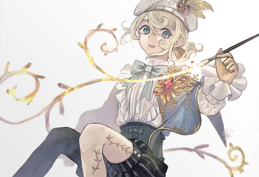 1boy, androgynous, aqua_bow, aqua_bowtie, beret, bishounen, black_corset, black_pantyhose