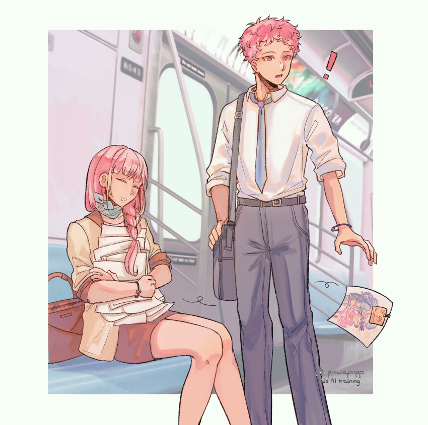 !, 1boy, 1girl, bag, belt, black_belt, black_pants, blue_necktie, bracelet, braid, braided_ponytail, brown_bag, closed_eyes, collared_shirt, feet_out_of_frame, grey_pants, hair_over_shoulder, hand_grip, highres, holding, holding_paper, jacket, jewelry, li_tianchen, li_tianxi, long_hair, map, necktie, open_mouth, pants, paper, pawapopp, pencil_skirt, pink_hair, scarf, shiguang_dailiren, shirt, shirt_tucked_in, short_hair, shoulder_bag, sitting, skirt, sleeping, sleeping_upright, sleeves_rolled_up, standing, train_interior, twitter_username, white_shirt