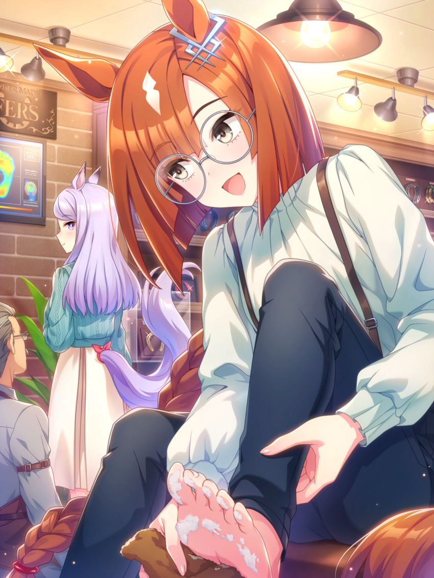 1boy, 2girls, absurdres, animal_ears, aqua_sweater, arm_belt, artist_request, back_bow