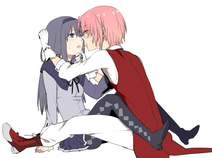 1girl, akemi_homura, boots, couple, eye_contact, genderswap, hand_on_chin, kaname_madoka