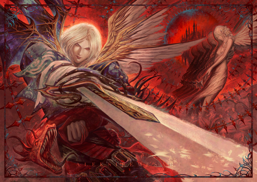 1boy, 1girl, aleksi_remes, artist_name, castle, castlevania_(series), commentary, dragon