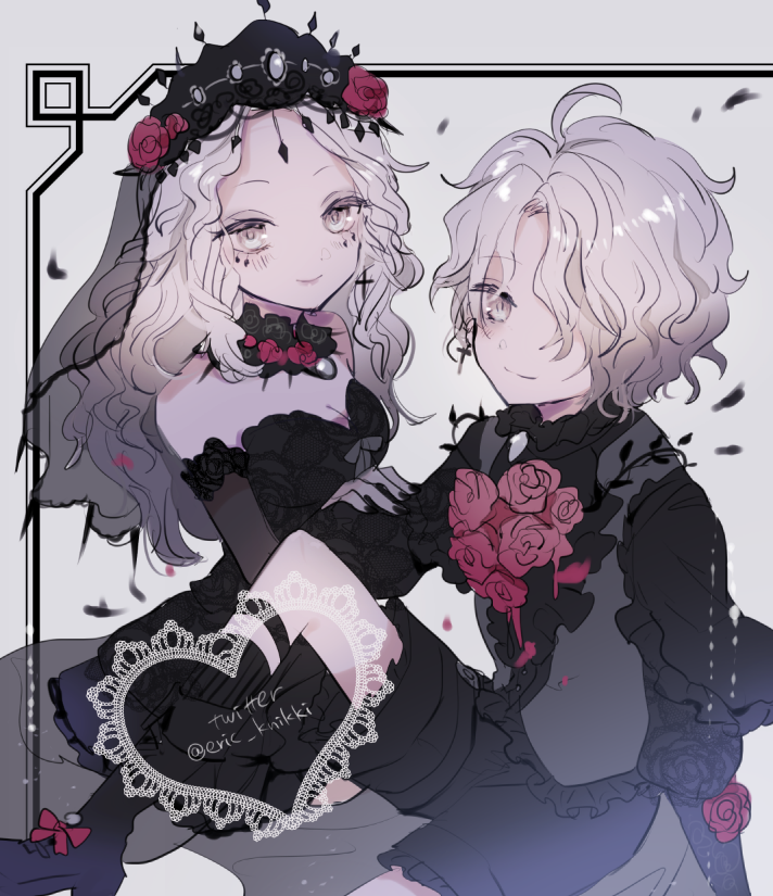 1boy, 1girl, ada_mesmer, ada_mesmer_(everlasting_night), ahoge, black_boots, black_nails, black_shirt