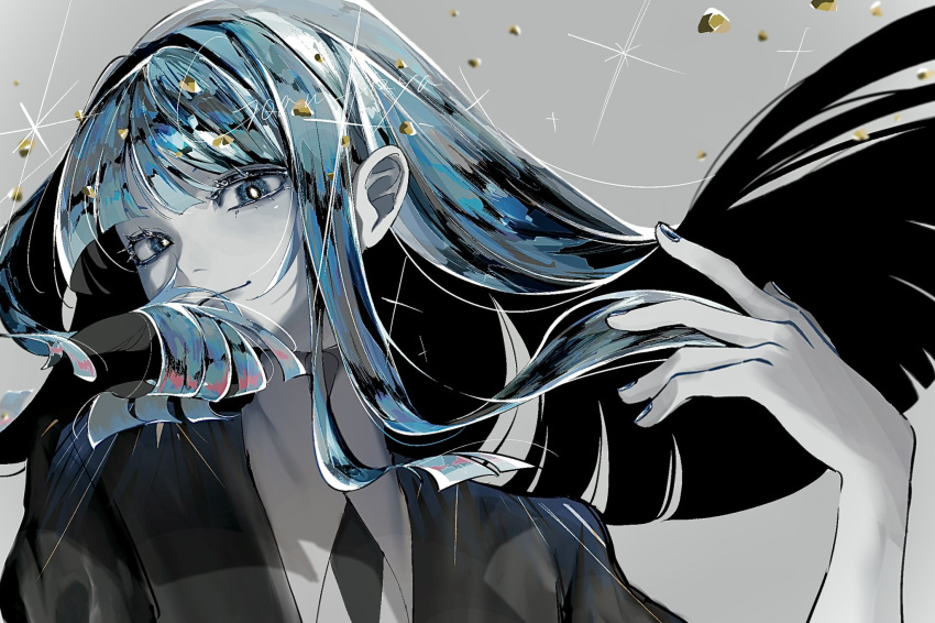 1other, androgynous, black_necktie, blue_hair, colored_eyelashes, colored_skin, crystal_hair, gem_uniform_(houseki_no_kuni)