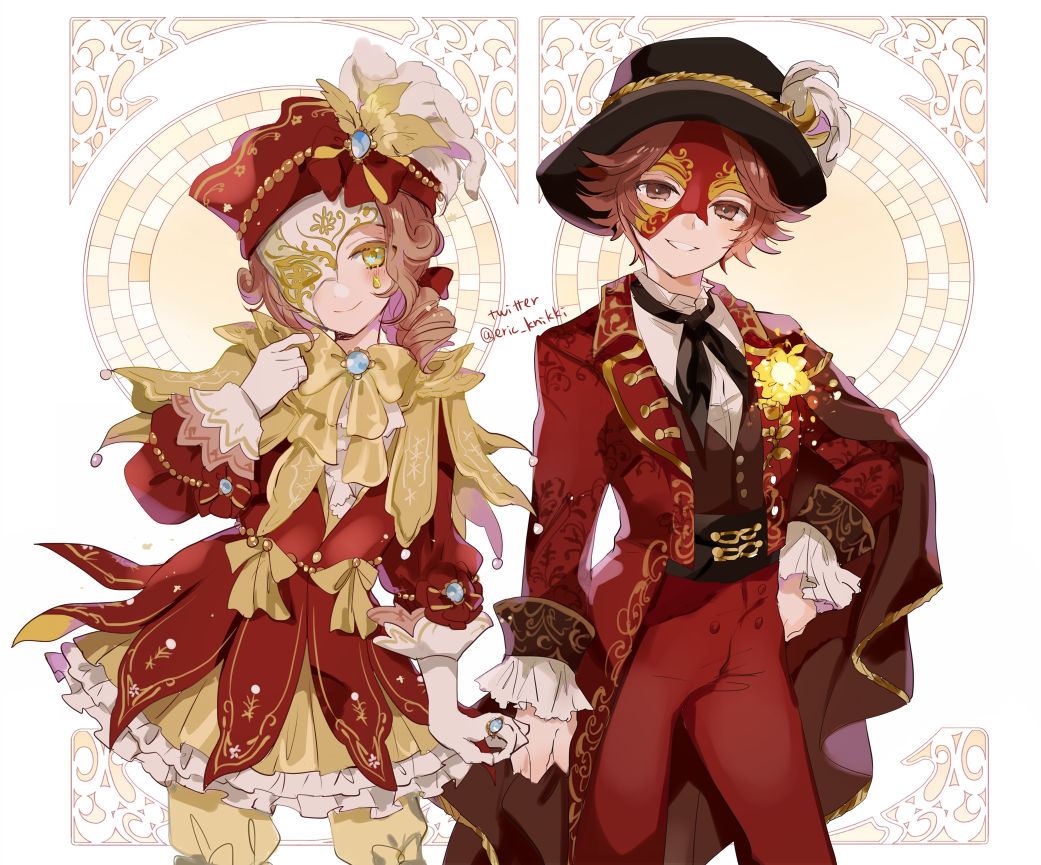 2boys, androgynous, ascot, black_hat, black_neckerchief, blue_gemstone, bow, bowtie
