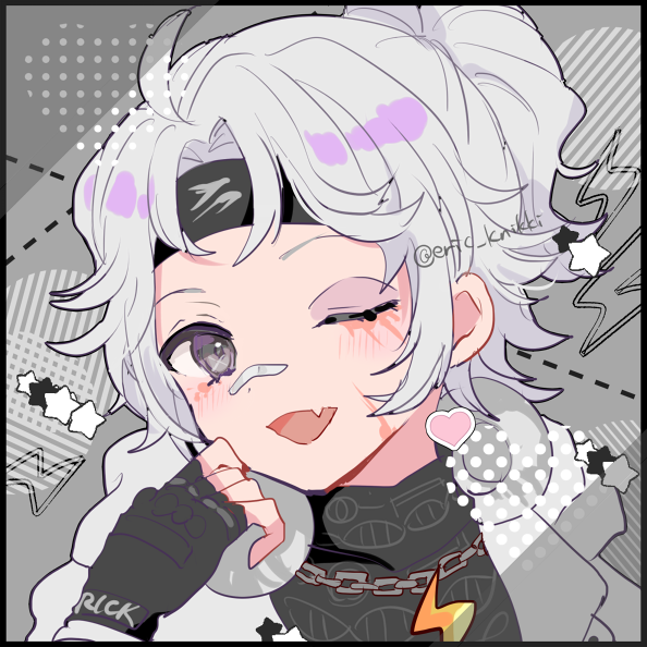 1boy, :d, ahoge, bruise, bruised_eye, eric_knikki, fang, fingerless_gloves, gloves, grey_eyes, grey_hair, half_updo, headband, headphones, headphones_around_neck, identity_v, injury, looking_at_viewer, luca_balsa, luca_balsa_(rice), male_focus, official_alternate_costume, one_eye_closed, ponytail, portrait, skin_fang, smile, solo, striped_blush