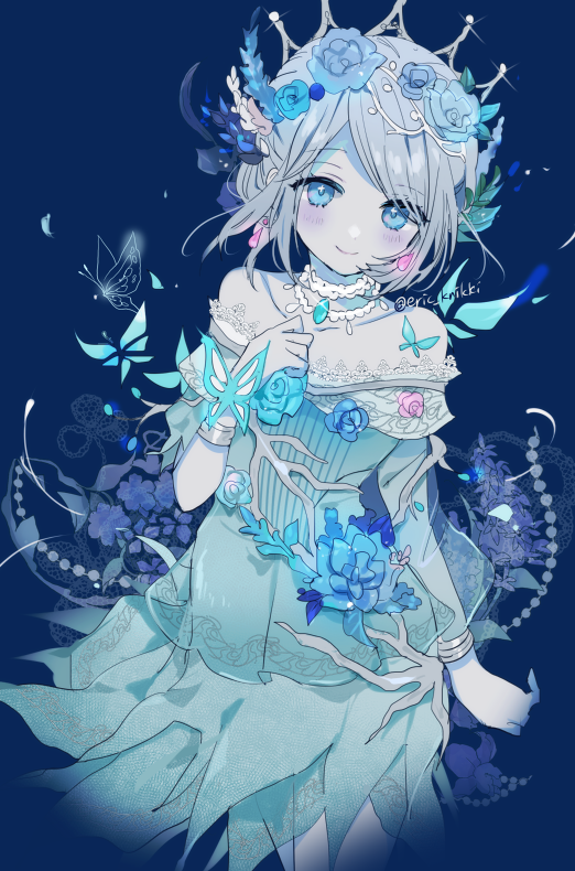 1girl, blue_butterfly, blue_dress, blue_eyes, blue_flower, blue_rose, blue_theme, branch, bug, butterfly, c:, colored_skin, crown, dress, earrings, emma_woods, emma_woods_(ghost_girl), eric_knikki, floating_hair, flower, grey_hair, head_wreath, identity_v, jewelry, light_blush, looking_at_viewer, off_shoulder, official_alternate_costume, pearl_choker, purple_flower, rose, smile, solo, twitter_username, white_skin