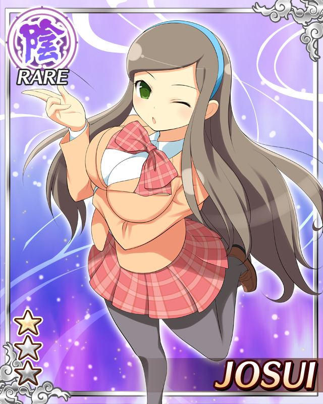 1girl, :o, arm_under_breasts, arm_up, black_pantyhose, blowing_kiss, blue_hairband, border, bow, bowtie, breasts, brown_hair, card_(medium), character_name, english_text, game_cg, green_eyes, hairband, jacket, josui_(senran_kagura), large_breasts, long_hair, long_sleeves, looking_at_viewer, official_alternate_costume, official_art, one_eye_closed, orange_jacket, pantyhose, plaid_bow, plaid_bowtie, plaid_clothes, plaid_skirt, red_bow, red_bowtie, red_skirt, school_uniform, senran_kagura, senran_kagura_new_wave, shirt, skirt, solo, standing, standing_on_one_leg, swept_bangs, white_shirt