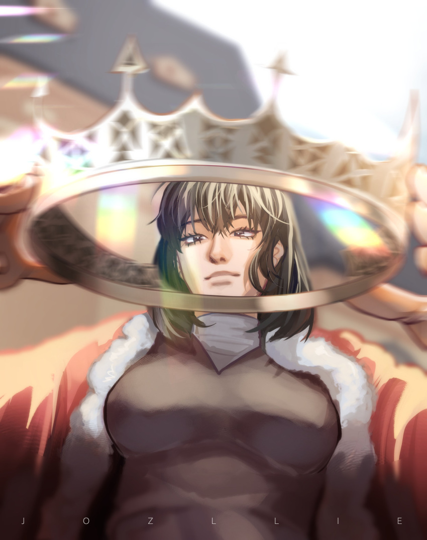 1girl, absurdres, black_eyes, black_hair, black_shirt, bob_cut, borrowed_character, cape