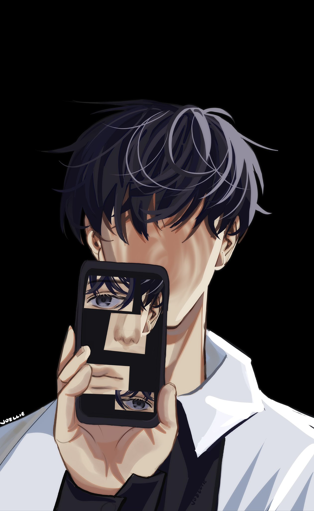 1boy, black_eyes, black_hair, black_shirt, coat, faceless, facing_viewer, highres