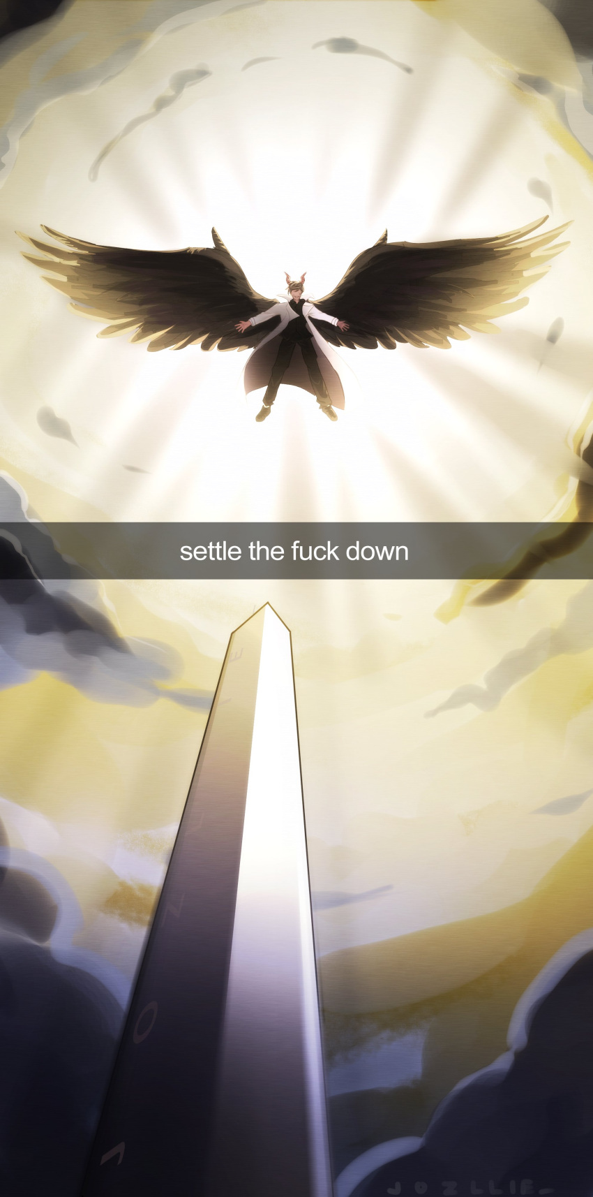 1boy, absurdres, backlighting, black_hair, black_shirt, black_wings, clouds, cloudy_sky