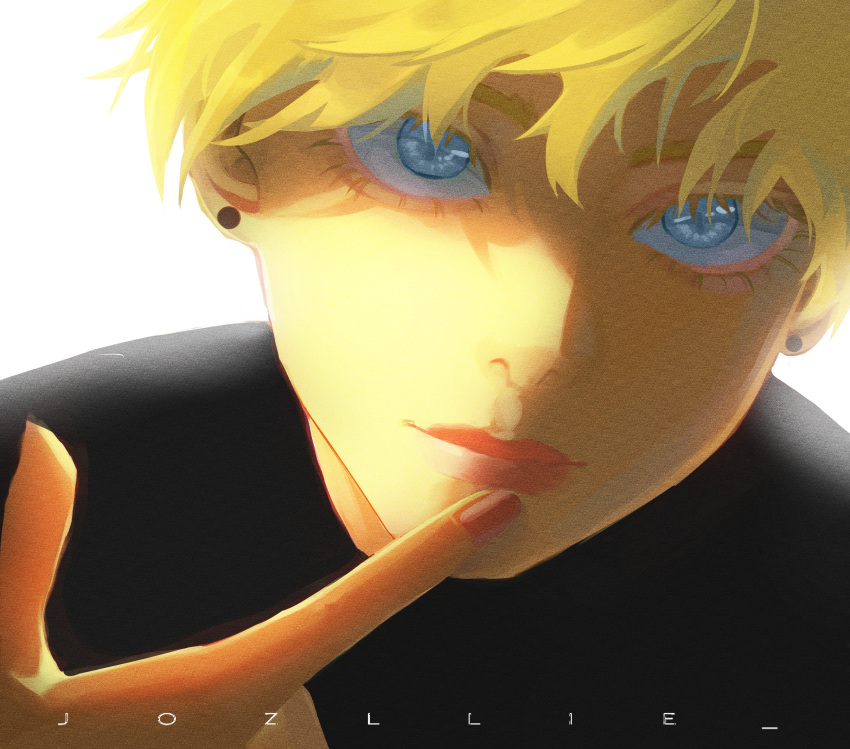 1boy, absurdres, aegyo_sal, blonde_hair, blue_eyes, close-up, finger_to_mouth, highres