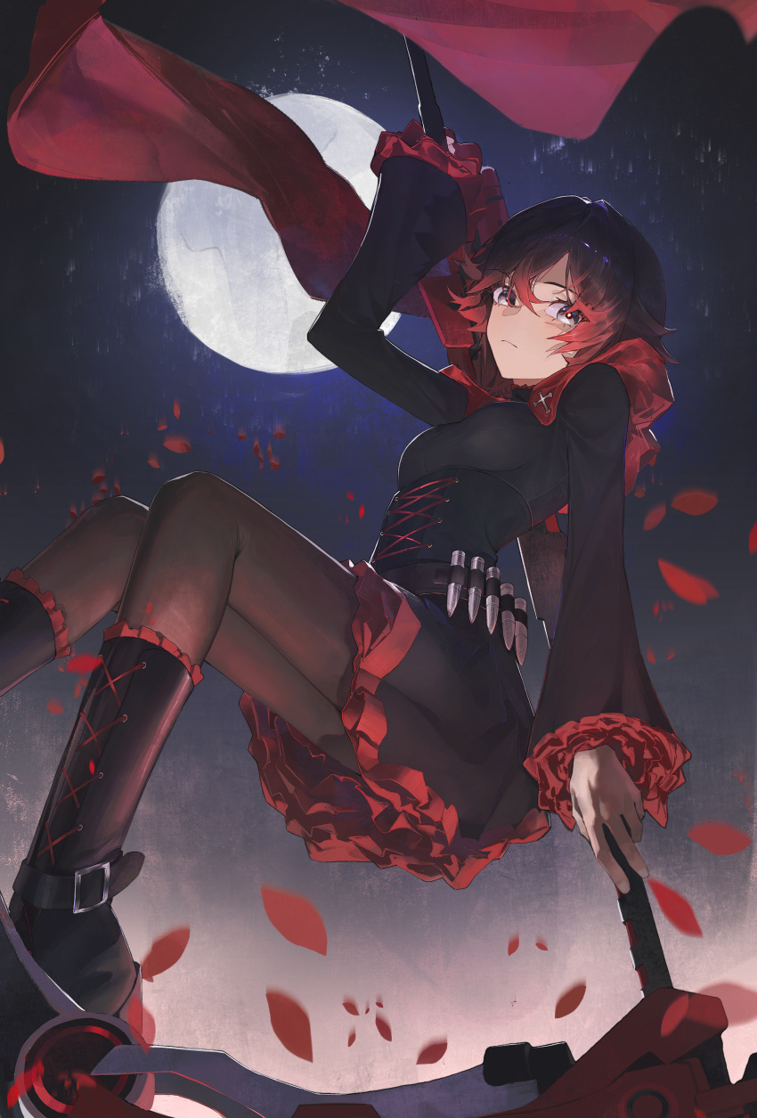 1girl, absurdres, black_bow, black_dress, black_hair, blue_eyes, bow, brown_pantyhose