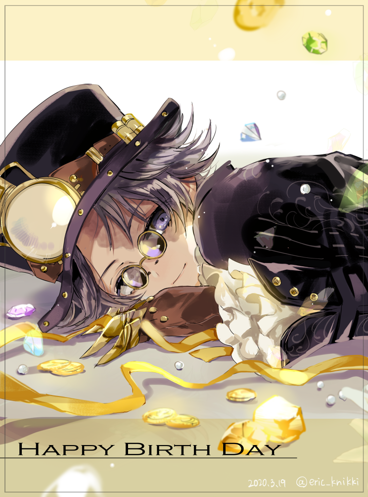 1boy, black_hair, black_jacket, blue_eyes, brown_gloves, coin, eric_knikki, fake_claws