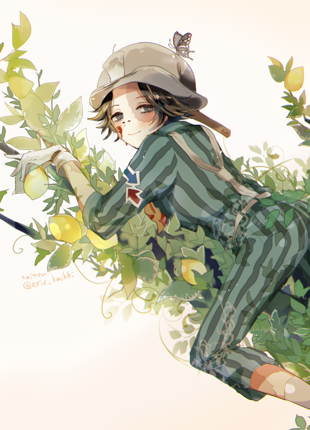 1boy, aqua_eyes, aqua_pants, aqua_shirt, black_hair, blonde_streaks, branch, bug