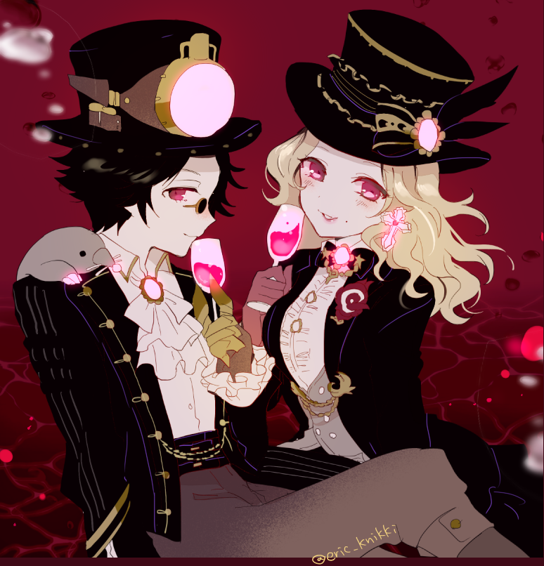 1boy, 1girl, black_hair, black_jacket, blonde_hair, brown_gloves, brown_pants, cross