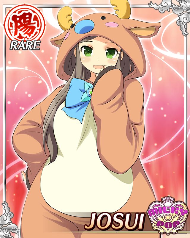 1girl, animal_costume, border, breasts, brown_hair, card_(medium), character_name, cosplay