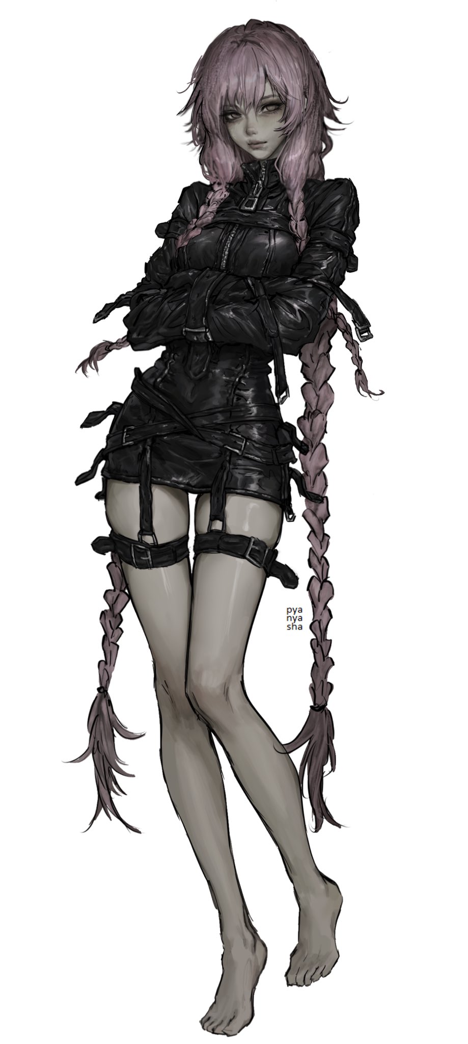 1girl, artist_name, barefoot, belt, braid, contrapposto, crossed_arms, full_body