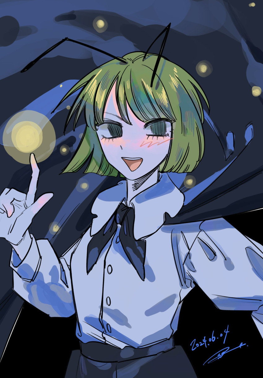 1girl, antennae, black_cape, blush, cape, collared_shirt, commentary_request, dated