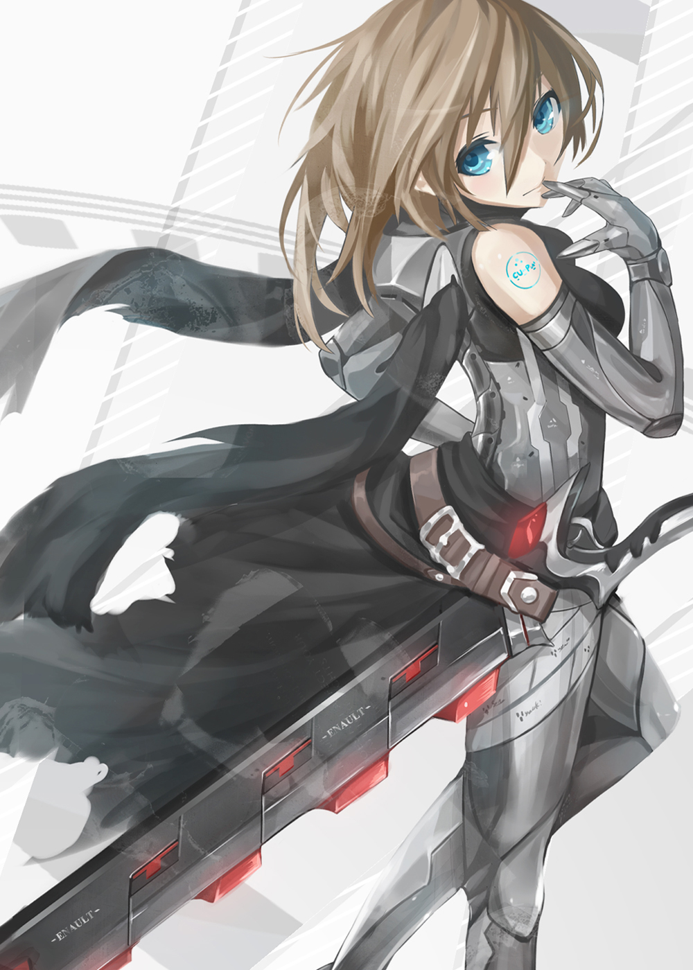 1girl, bodysuit, box_sentou_shoujo, brown_hair, female, hand_to_mouth, highres, original