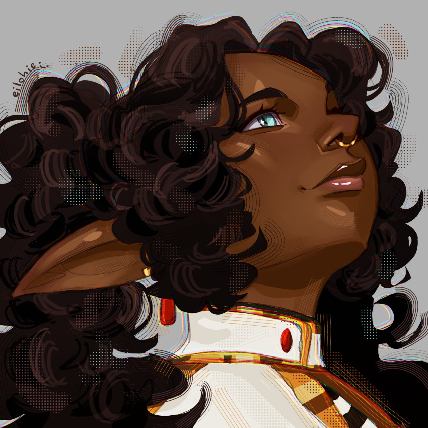 1girl, alternate_hairstyle, alternate_skin_color, artist_name, brown_hair, capelet, curly_hair, dark-skinned_female