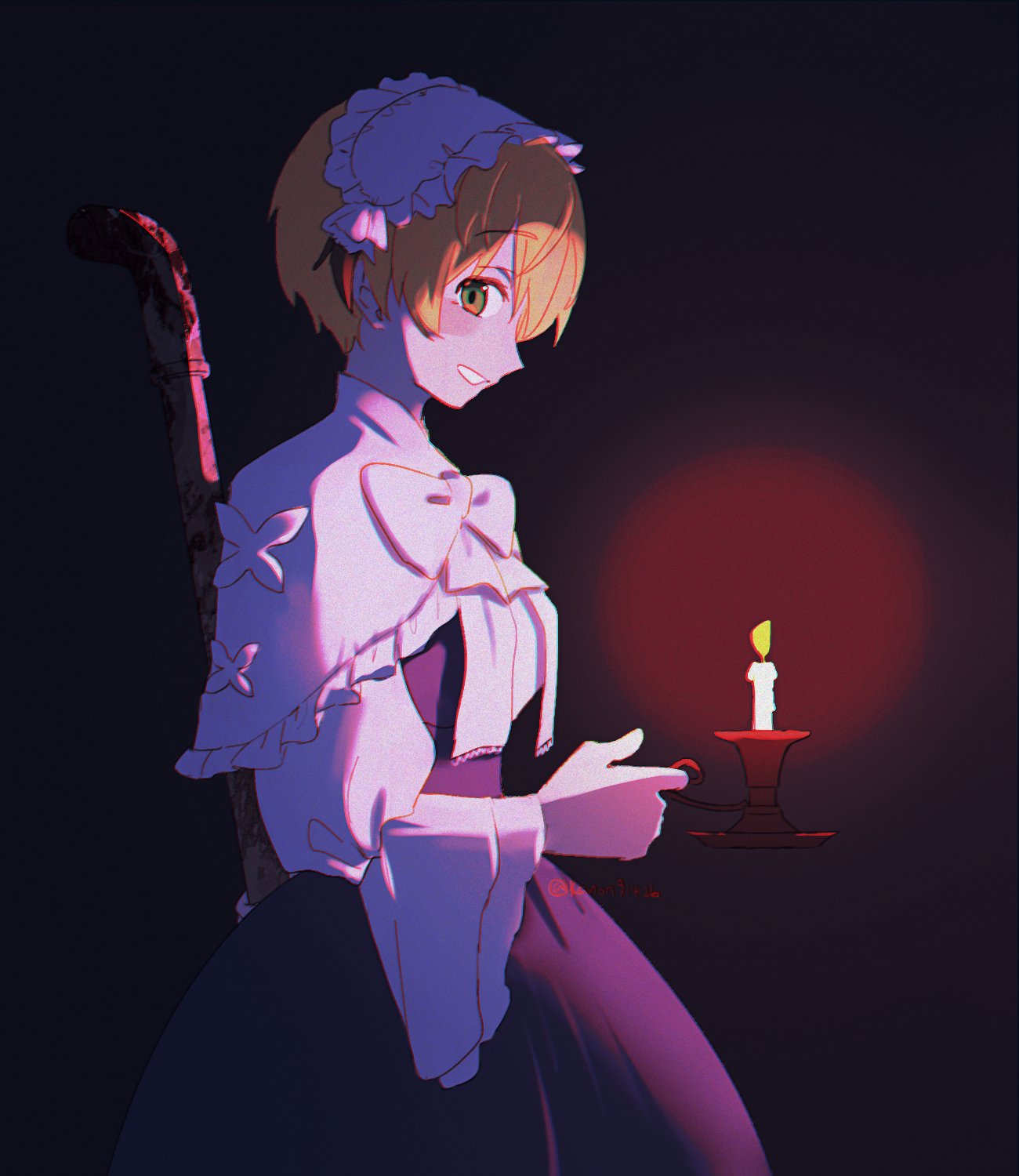 artist_name, black_dress, black_hair, blonde_hair, candle, capelet, commentary, cowboy_shot