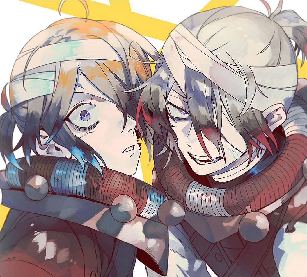 2boys, ahoge, bandaged_head, bandages, blonde_hair, blue_eyes, dual_persona, fang