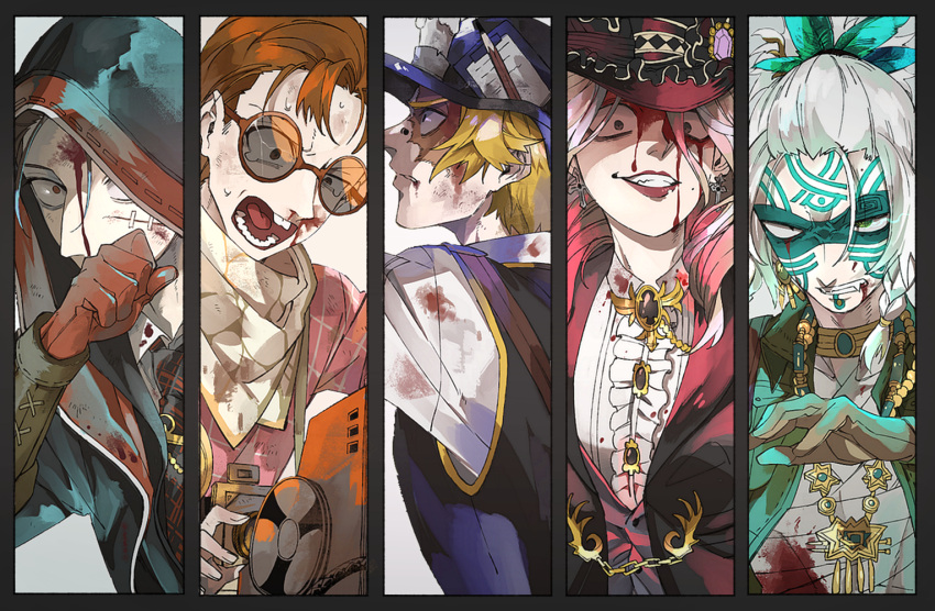 1girl, 4boys, alternate_color, bandaged_torso, bandana, black_jacket, black_necktie, black_vest, blonde_hair, blood, blood_from_forehead, blood_from_mouth, blood_on_clothes, brown_gloves, brown_hair, buck_teeth, clenched_teeth, covered_mouth, demi_bourbon, demi_bourbon_(true_proof), evil_grin, evil_smile, facial_mark, fang, freddy_riley, furrowed_brow, gloves, green_jacket, grin, hair_between_eyes, hair_intakes, hair_pulled_back, half-closed_eye, hat, hood, hood_up, identity_v, injury, jacket, jewelry, lapel_chain, luca_balsa, luca_balsa_(viper), mole, mole_on_cheek, multiple_boys, naib_subedar, neck_ring, necktie, norton_campbell, norton_campbell_(magic_item_keeper), nosebleed, official_alternate_costume, profile, red_gloves, scar, scar_across_eye, scar_on_cheek, scar_on_face, shaded_face, shirt, smile, smirk, stitches, sweat, tearing_up, teeth, top_hat, uneven_eyes, vest, wavy_hair, white_hair, white_shirt, wide-eyed, wiping_blood, yokoi36