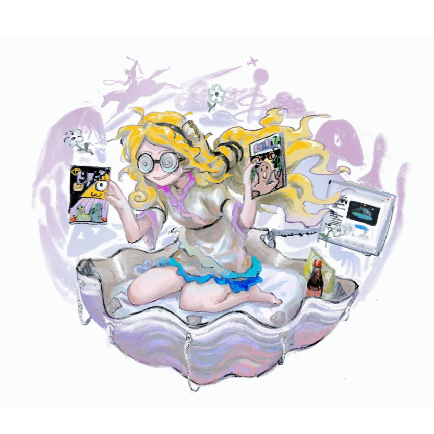blonde_hair, full_body, glass_bottle, highres, holding, kneeling, long_hair, magazine_(object)