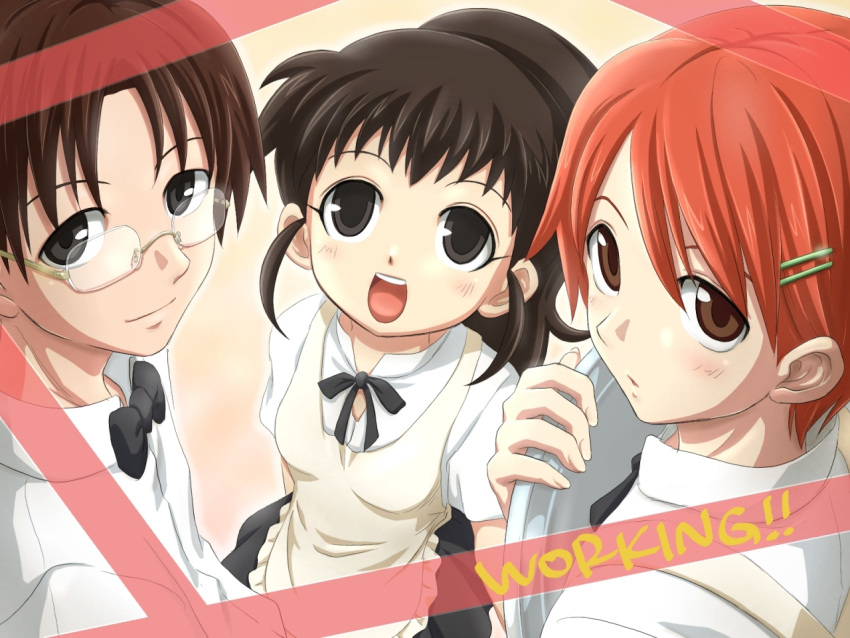 bad_id, bowtie, brown_eyes, brown_hair, flat_chest, from_above, glasses, green_eyes, hair_ornament, hairclip, inami_mahiru, kiikii_(kitsukedokoro), kiki_(pixiv193635), loli, open_mouth, orange_hair, ponytail, restaurant, short_hair, skirt, smile, takanashi_souta, taneshima_popura, tray, waiter, waitress, working!!