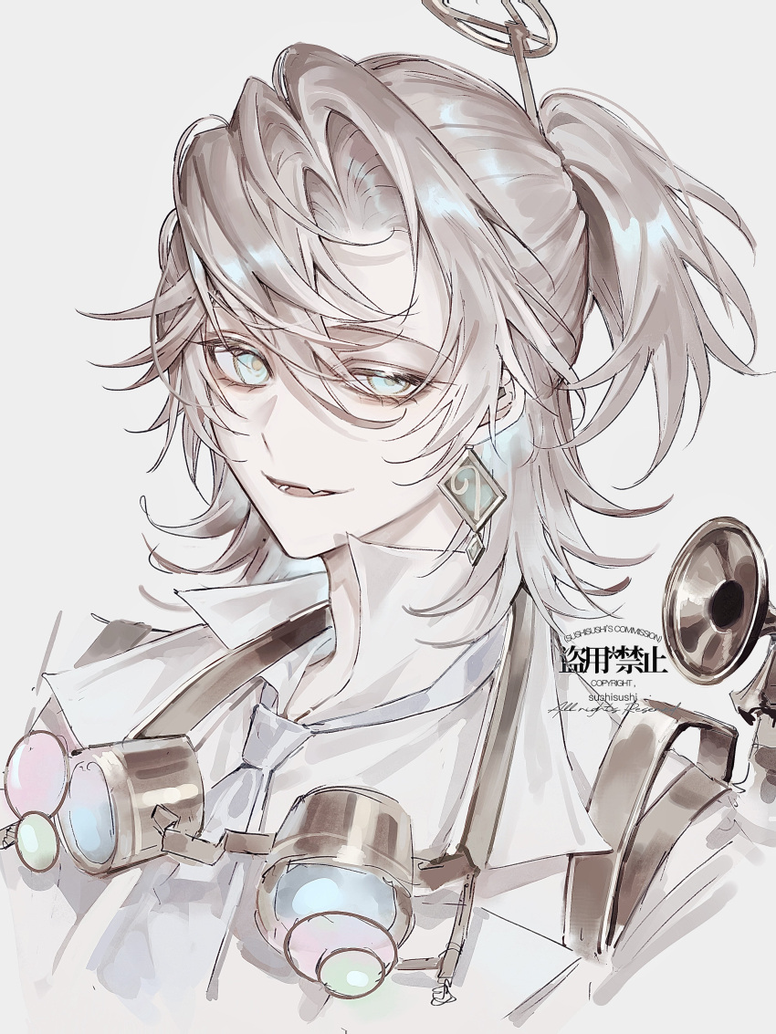 1boy, absurdres, blonde_hair, blue_eyes, blue_necktie, eyelashes, fang, goggles