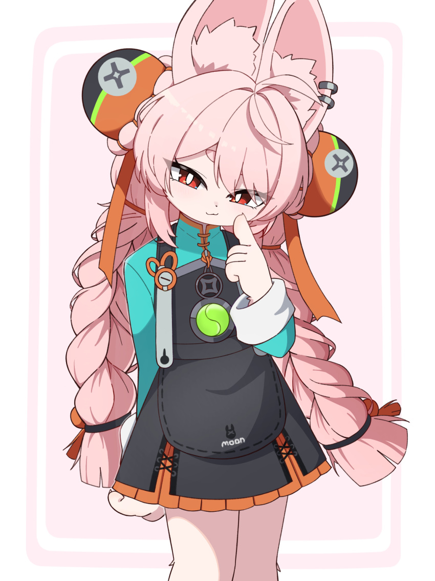 1girl, :3, animal_ear_fluff, animal_ear_piercing, animal_ears, arm_behind_back, border, braid