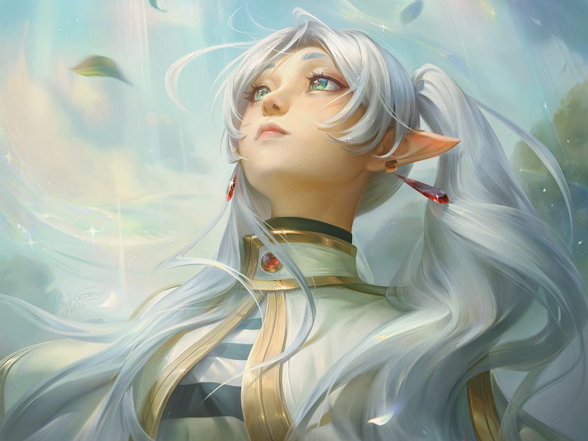 1girl, bich_hoan, capelet, commentary, earrings, elf, english_commentary, eyelashes, floating_hair, frieren, gold_trim, green_eyes, grey_hair, hair_over_shoulder, head_back, highres, jewelry, long_pointy_ears, looking_up, meme, outdoors, parted_bangs, pointy_ears, shirt, solo, sousou_no_frieren, sparkle, striped_clothes, striped_shirt, teardrop_earrings, twintails, upper_body, upward_angle_frieren_drawing_(meme), white_capelet