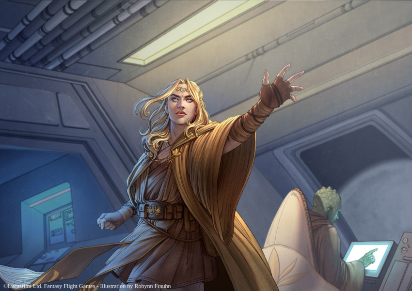 1boy, 1girl, alien, avar_kriss, belt, blonde_hair, blue_eyes, brown_belt, brown_gloves, brown_robe, brown_tunic, circlet, colored_skin, fingerless_gloves, gloves, green_skin, long_hair, robe, robynn_frauhn, solo_focus, spacecraft_interior, star_wars, star_wars:_the_high_republic, tunic