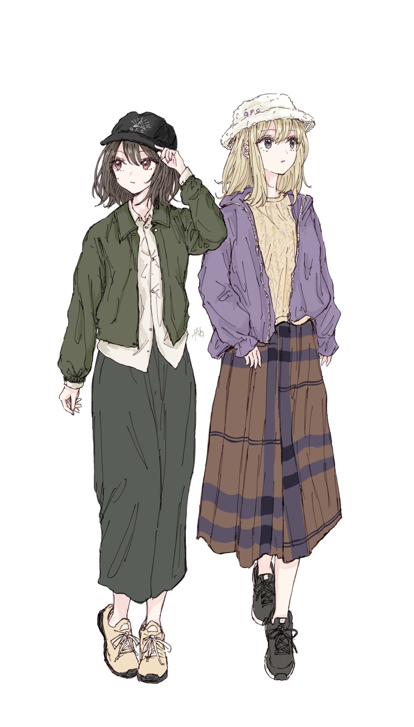 2girls, absurdres, alternate_costume, alternate_head, black_hat, black_shoes, blonde_hair, brown_hair, brown_shoes, brown_skirt, buttons, collared_shirt, commentary_request, contemporary, flat_cap, full_body, green_jacket, green_skirt, hand_on_own_hat, hat, highres, jacket, kashiwada_kiiho, maribel_hearn, multiple_girls, purple_jacket, red_eyes, shirt, shoelaces, shoes, signature, simple_background, skirt, standing, touhou, turning_head, usami_renko, violet_eyes, white_background, white_hat, white_shirt, yellow_shirt