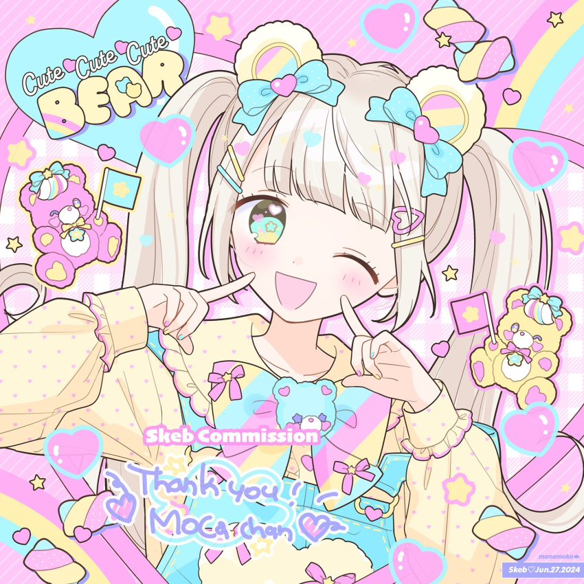 1girl, animal_ears, bear_ears, blonde_hair, blush, bow, bowtie, candy, colorful, commentary_request, commission, english_text, fairy_kei, fake_animal_ears, flag, food, green_eyes, hair_ornament, hairclip, highres, long_hair, long_sleeves, looking_at_viewer, manamoko_(fancy_surprise!), one_eye_closed, original, pastel_colors, polka_dot, polka_dot_shirt, rainbow, shirt, skeb_commission, stuffed_animal, stuffed_toy, teddy_bear, twintails, upper_body, yellow_shirt, yume_kawaii