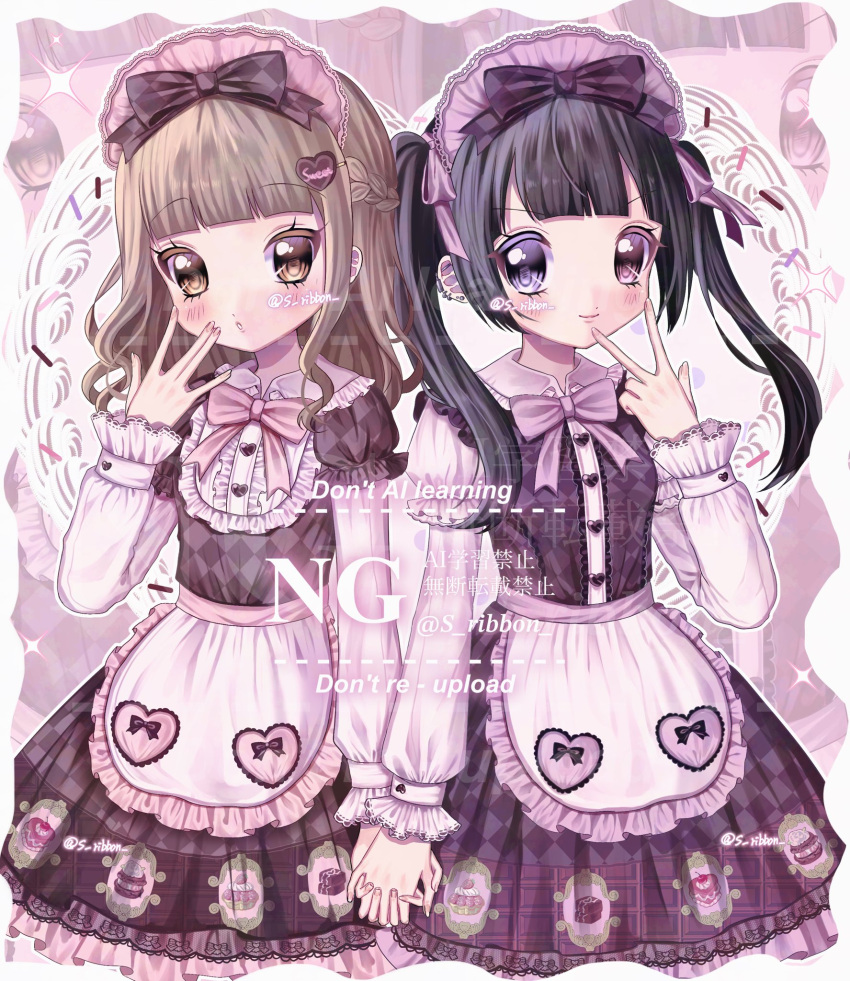 2girls, accurate_lolita_coord, apron, black_hair, blush, bonnet, braid, brown_dress