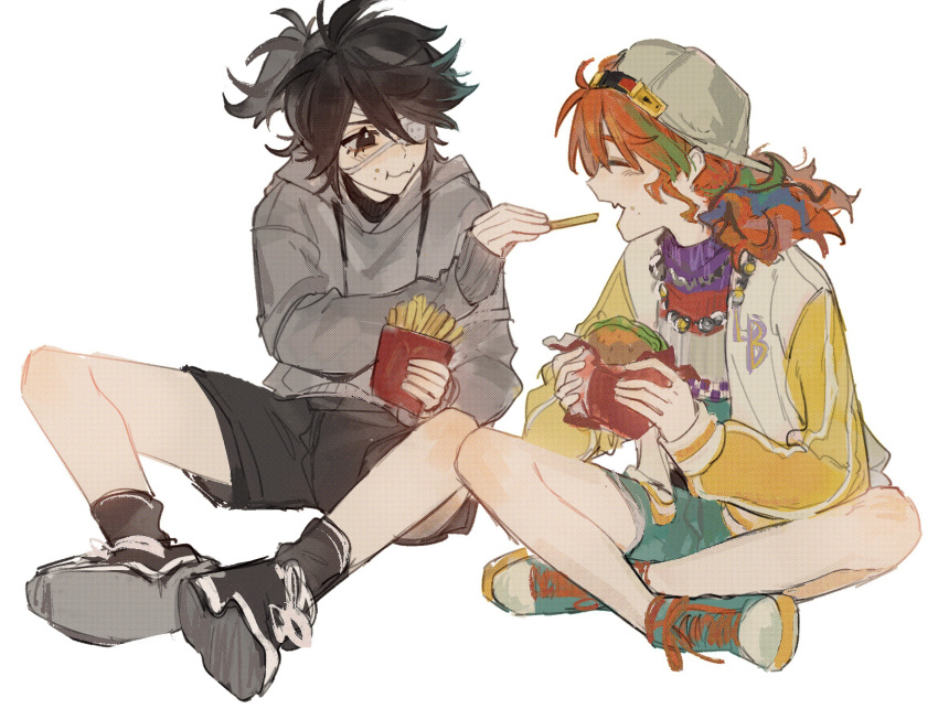 1boy, 1girl, :3, backwards_hat, baseball_cap, black_eyes, black_shorts, black_socks