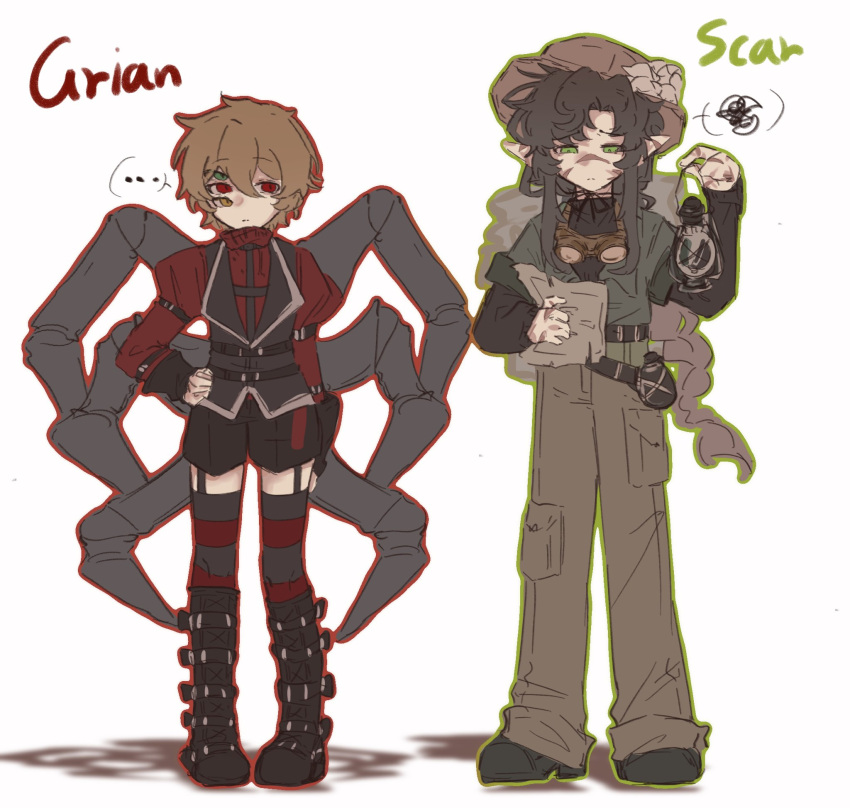 ..., 2boys, alternate_costume, animification, arthropod_boy, arthropod_limbs, bishounen, black_shorts, black_vest, boots, brown_hair, brown_pants, commentary, extra_eyes, garter_straps, goggles, goggles_around_neck, goodtimeswithscar, goth_fashion, green_vest, grian_(youtuber), hand_on_own_hip, hashtag-only_commentary, hat, highres, holding, holding_lantern, lanchi0226, lantern, male_focus, medium_hair, minecraft_youtube, multiple_boys, ouji_fashion, pants, pointy_ears, red_eyes, scar, scar_on_face, short_hair, shorts, spider_boy, striped_clothes, striped_thighhighs, thigh-highs, traffic_life_series, vest, white_background