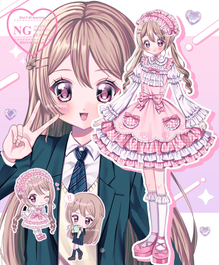 2girls, accurate_lolita_coord, blush, bow, brown_hair, chibi, chibi_inset, commentary, dress, dual_persona, frilled_dress, frills, hairband, heart, highres, lolita_fashion, lolita_hairband, long_hair, long_sleeves, mary_janes, multiple_girls, multiple_views, original, pink_bow, pink_shoes, school_uniform, shoes, smile, socks, standing, sweet_lolita, symbol-only_commentary, twintails, v, very_long_hair, watermark, white_socks, yuni_(s_ribbon)