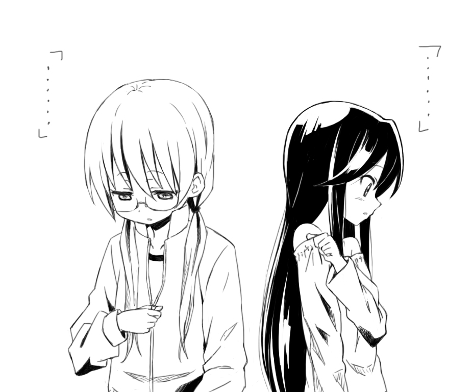 2girls, a_channel, bad_id, bare_shoulders, casual, collarbone, dressing, glasses