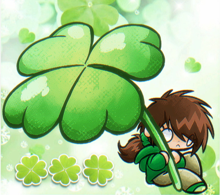 1girl, brown_hair, cable_bun, chibi, chibi_only, clover, commentary, eddsworld, ell_(eddsworld), frown, green_hoodie, green_shoes, green_theme, heisei_retro, highres, holding, holding_clover, hood, hood_down, hoodie, long_hair, o_o, oversized_object, ponytail, shoes, symbol-only_commentary