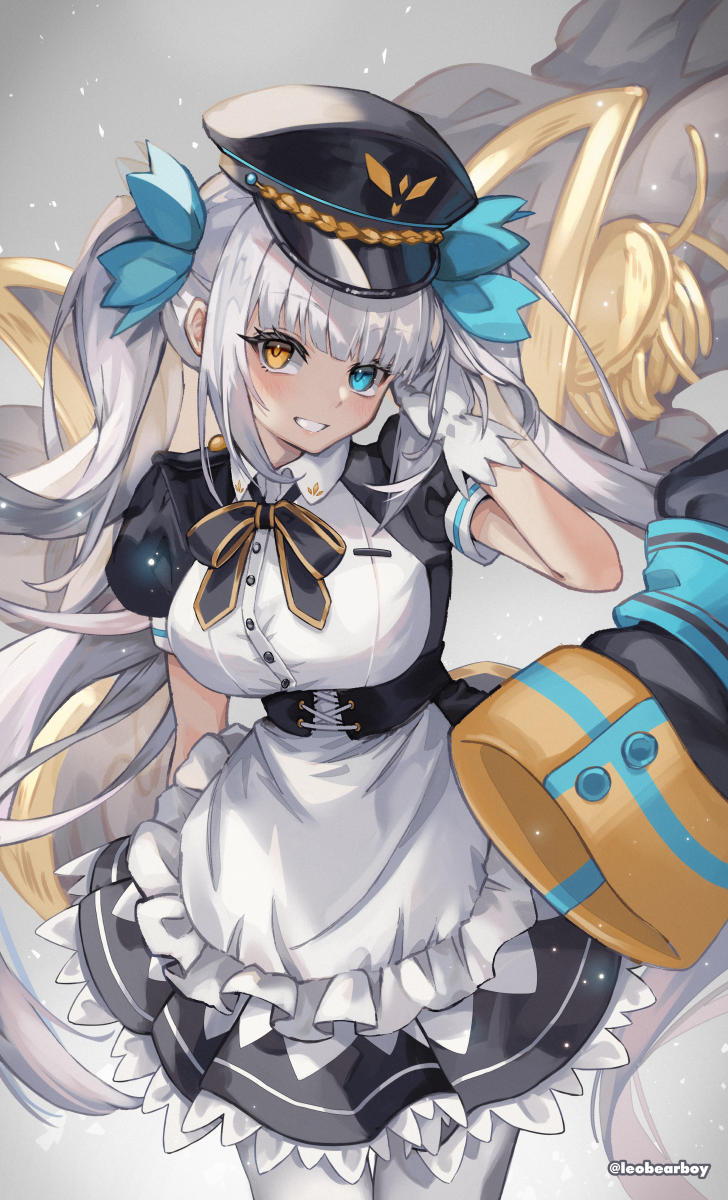 1girl, apron, black_hat, blue_eyes, commentary, dress, gloves, grey_hair