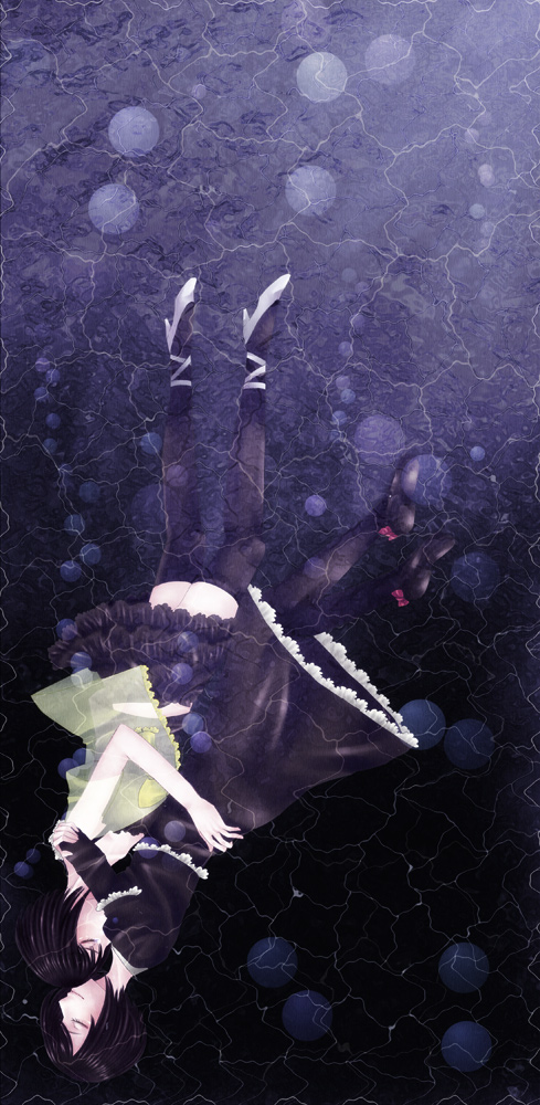 2girls, 38, asou_misaki, black_hair, black_legwear, blush, closed_eyes, dress, eyes_closed, fatal_frame, fatal_frame_4, hug, miya_(fatal_frame), multiple_girls, pantyhose, personification, short_hair, thigh-highs, thighhighs