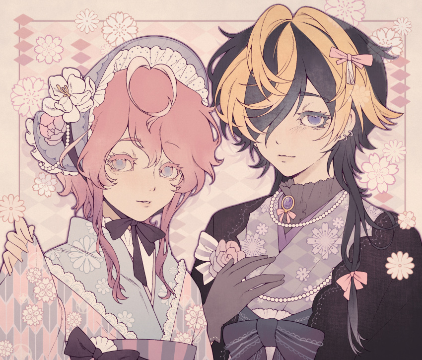 2boys, aimono_jyushi, alternate_costume, amemura_ramuda, androgynous, bishounen, black_gloves, black_hair